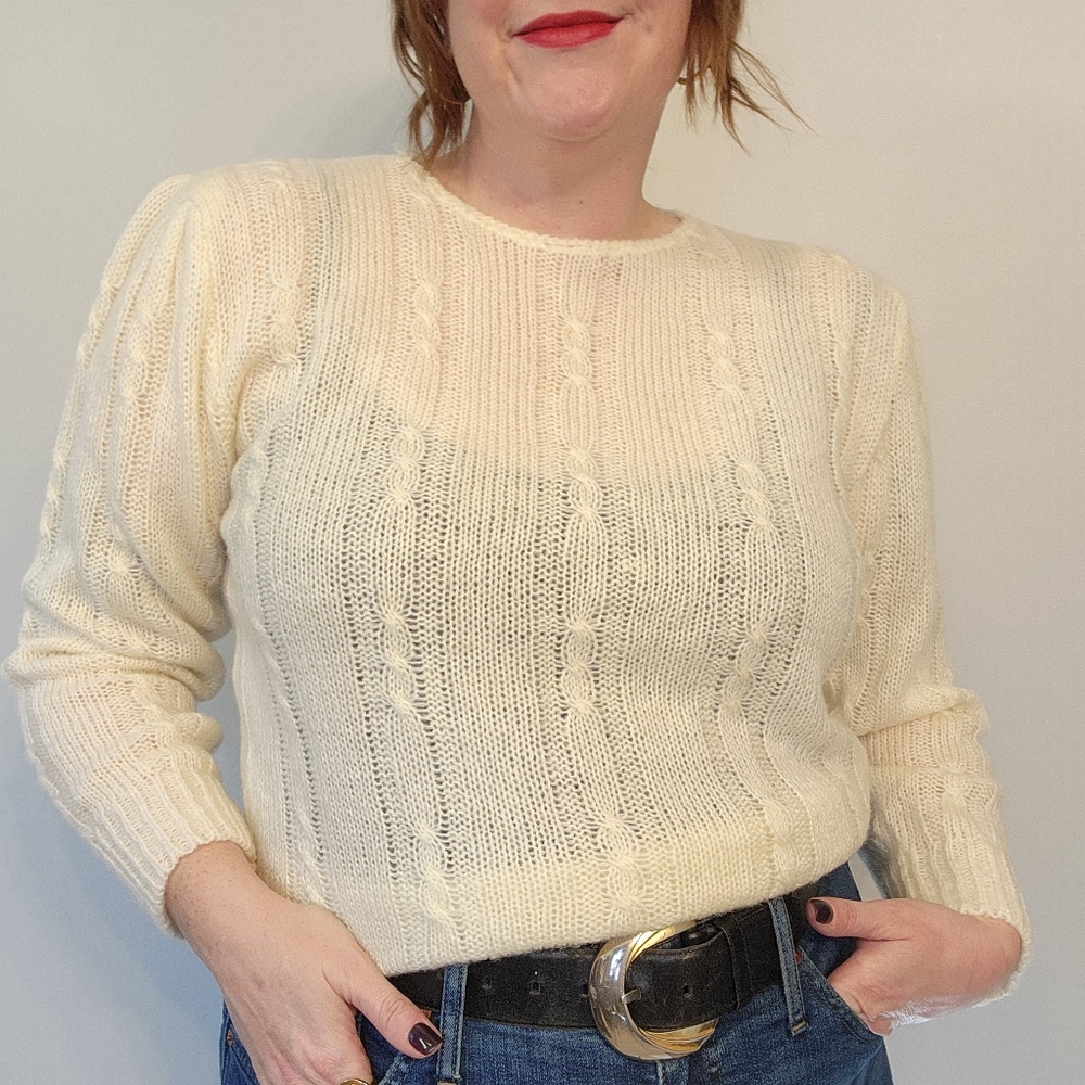 80s Yarnworks Cream Cableknit Puff Sleeve Sweater